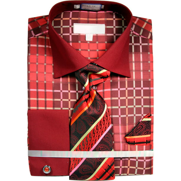 Men's Checkered Pattern Tone on Tone Shirt French Cuffs Tie Hanky Cufflinks